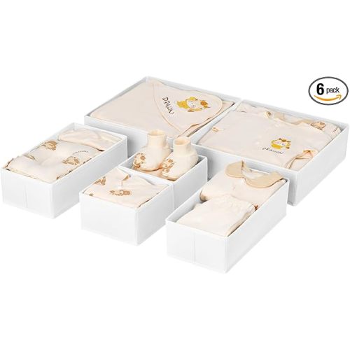 DIMJ Drawer Organizer Clothes, 6 Pack Fabric Drawer Organizer Bins, Foldable Baby Clothes Organizer & Dresser Organizer For Nursery, Clothes, Bedroom, Closet, Socks, Bra, Tie,White
