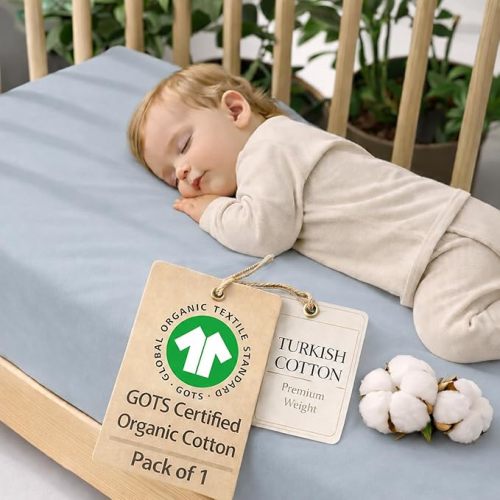 GOTS Organic Cotton Crib Sheets, Aegean Heritage Turkish Cotton 200GSM, Quality at First Touch,1 Pack Toddler Bed Fitted Mattress Sheets for Boys, Girls Cute Breathable Soft (Ocean Blue)