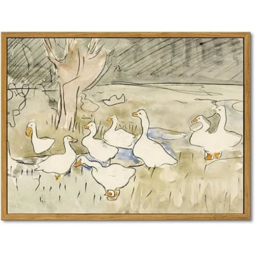 Framed Vintage Nursery Wall Decor, Farmhouse Duck Decor Art Prints for Bedroom, Rustic Animal Illustration Canvas Painting, Vintage Bathroom Wall Art Prints Cute Duck Decorations for Home (12"x16")