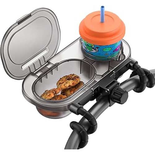 Universal Stroller Snack Tray: Cup Holder Tray with Silicone Flexible Arms Grip Stroller Tray with Dust Cover - Stroller Tray Attachment with Cups Holder for Baby & Toddler Stroller Accessories