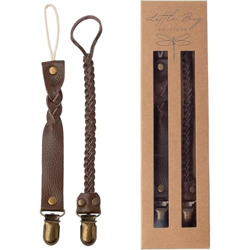 Little Bug Boutique 2-Pack Leather Baby Pacifier Clips - Neutral Pacifier Holders for Baby Girls & Boys, Paci & Binky Clips or Strap for Toys & Teethers (Mocha Brown), Pacifier NOT Included