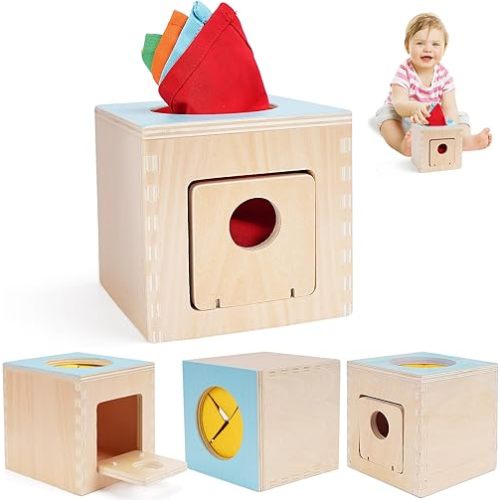 FCSONU Kids Toddler Toys, Montessori Baby Toys 0-6-12 Months, 1 Year Old Wooden Baby Tissue Box Toy for Educational Learning with Cloth Tissues, Boys & Girls Gifts for Birthday Christmas Children Day