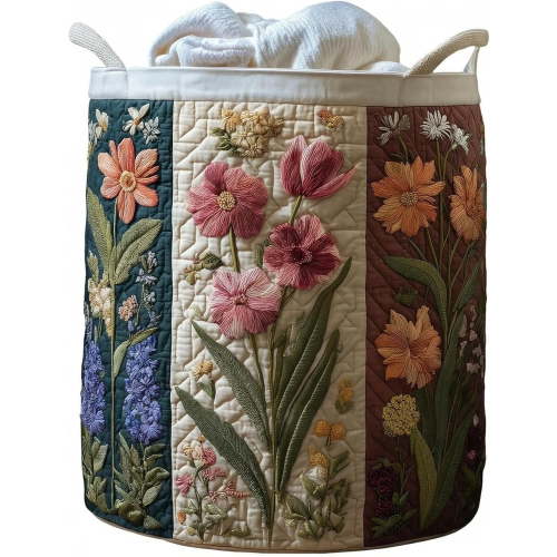 Quilted Laundry Basket Boho Fabric Floral Storage Hamper for Nursery Bedroom Laundry Room Clothes Toys (Patchwork flowers)