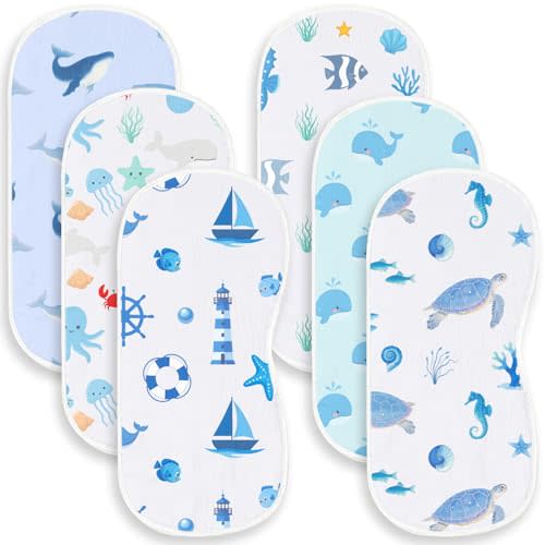 6 Pack Blue Burp Cloths Baby Boys Girls with Ocean Animals Pattern, Large Cotton Burping Clothes for Newborns Gifts Extra Soft and Absorbent 9.8X19.6inches