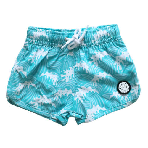 Light Blue Waves Little Surfer Dude Swim Trunks