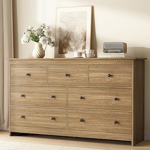 CARPETNAL Dresser for Bedroom, 7 Drawer Dresser 55” Wide Wood Chest of Drawers with Metal Handles, TV Stand, Furniture Storage Dressers Organizer for Living Room, Hallway, Entryway (Oak)
