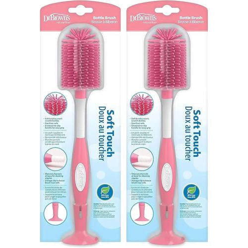 Dr. Brown's Soft Touch No Scratch Baby Bottle Cleaning Brush Nipple Cleaner with Stand and Storage Clip, BPA Free, Pink 2-Pack