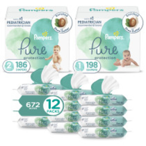 Pampers Pure Protection Diapers Starter Kit: Sizes 1 (198 count) & 2 (186 count) diapers + Aqua Pure Sensitive Wipes 12 Pack (672 count)