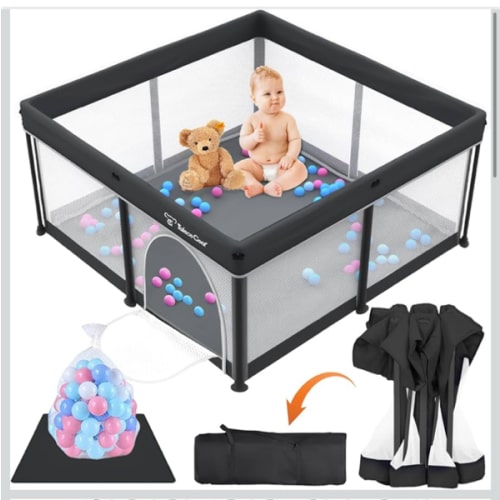 Taleco Gear Foldable Baby Play Pen with Mat, 50''x50'' Playpen for Babies and Toddlers, Playpen for Baby with Gate, Breathable,Foldable Travel Play Pen with 50 Ocean Balls