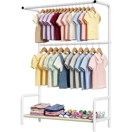 LOVEGRASS Double Rod Kids Clothing Rack for Hanging Clothes, Metal Baby Closet with Bottom Storage Shelf, Toddler Garment Rack for Toddler's Bedrooms, Nurseries, Playrooms (White)