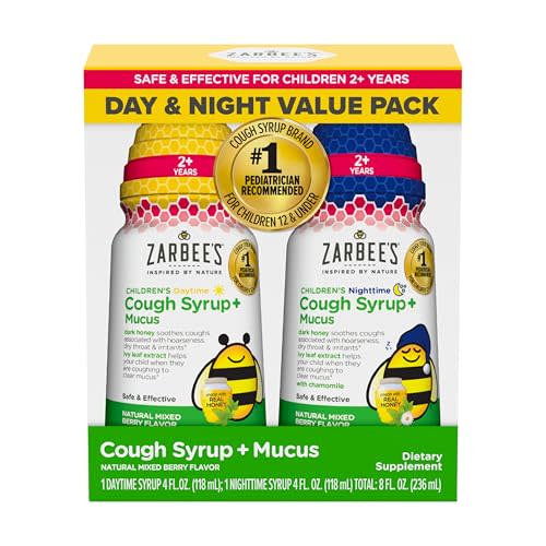 Zarbee's Children's Honey Cough Syrup + Mucus Day & Night Value Pack, Daytime & Nighttime Toddler Cough Syrup with Dark Honey & Ivy Leaf Extract, Mixed Berry Flavor, Two Pack, 2 x 4 fl. Oz