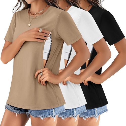 3 Pack Women's Maternity Nursing Shirt for Breastfeeding Hidden Zipper Short Sleeve Crew Neck Cotton Pregnancy Top