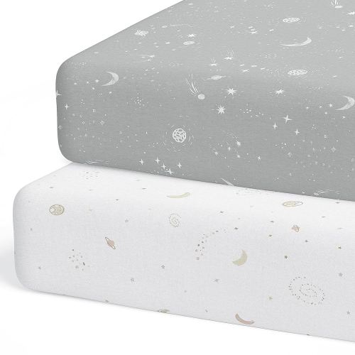 Crib Sheets Neutral - Fitted Baby Crib Sheets Bed for Girl Boy - 2 Pack Standard & Toddler Mattress (Galaxy, Moon, and Stars) - Buttery Soft Organic Cotton Blend