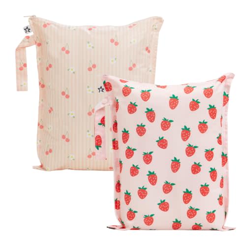 Tiny Twinkle Mess Proof Wet Bags | 2-Pack Reusable Waterproof Wet Bags for Swimsuits | Baby Clothes | Travel & Diaper Bag (Cherry Coquette,Strawberries)