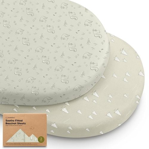 2-Pack Organic Bassinet Sheets for Girls, Boys - 100% Cotton Bassinet Mattress Sheets Compatible with Halo Bassinest Swivel Sleeper, Graco, Baby Delight, Chicco, Fitted Bassinet Sheets (Pine Grove)