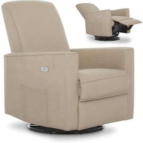 évolur Harlow Upholstered Power Glider Recliner with USB Charging – Rocking & 275° Swivel with Smooth Glide – Greenguard Gold & FSC Certified – Modern Nursery and Living Room Chair in Fawn