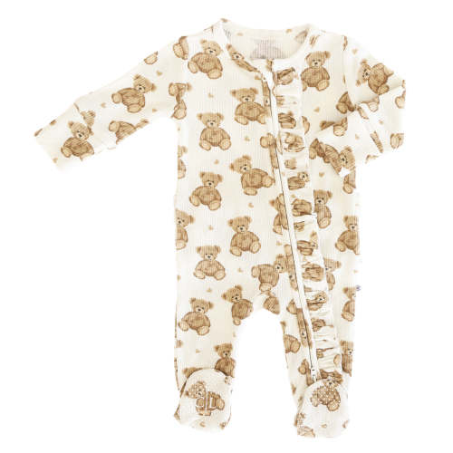 Beary Sweet Bamboo Waffle Zipper Ruffle Footie
