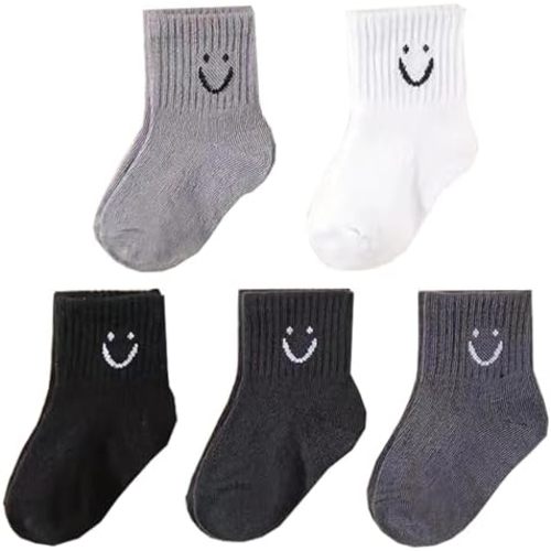 Toddler Boys Girls Crew Socks, Happy Face Unisex Kids Soft Cotton Solid Color Dress Ankle Socks, Pack of 5