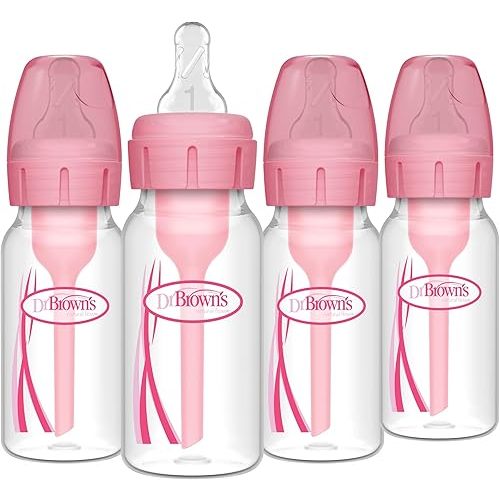 Dr. Brown's Natural Flow Anti-Colic Options+ Narrow Baby Bottle, 4 oz/120 mL, with Level 1 Slow Flow Nipple, Pink, 0m+, 4 Pack
