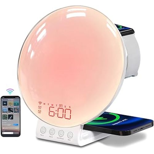 MOMILLA Sunrise Alarm Clock 3-in-1 Wireless Charging Station, App-Controlled Sound Machine White Noise, Sunrise Sunset Light, Bedside Wake-Up Lamp and Night Light for Heavy Sleepers