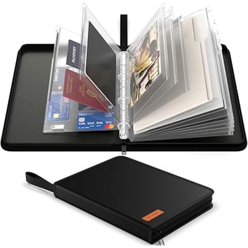 Important Document Organizer Zipper Binder,Fireproof Document Bag for Birth Certificate Protector, Waterproof Bill Organizer in Case I Go Missing Binder for Home Safe, 4 Ring Receipt Holder (Black)