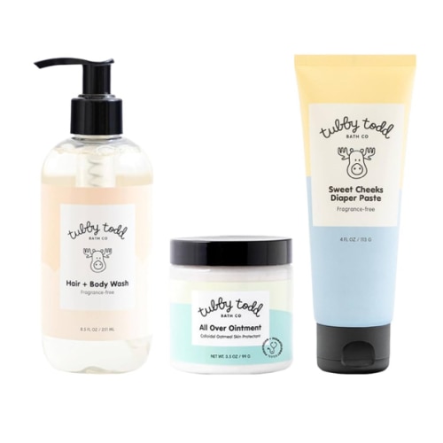 TUBBY TODD Baby Bundle Newborn Skin Care Set - Hypoallergenic Hair + Body Wash, All Over Ointment with Colloidal Oatmeal, Sweet Cheeks Diaper Paste - Fragrance Free, Standard Size