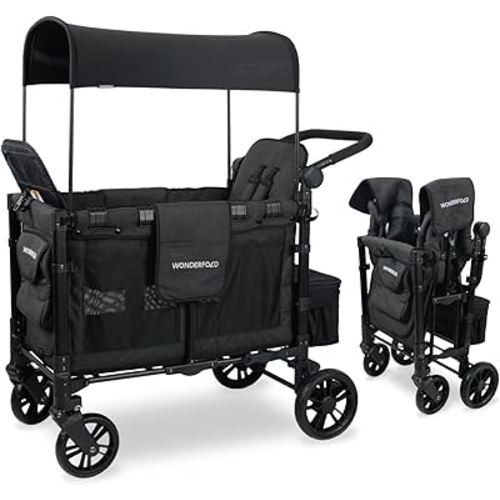 WonderFold W2 Elite Stroller Wagon - Foldable Wagon with Steel Frame - Adjustable Canopy & Push Handle - All-Terrain Wheels - for Babies, Toddlers & Kids - 2 Seater - Jet Black