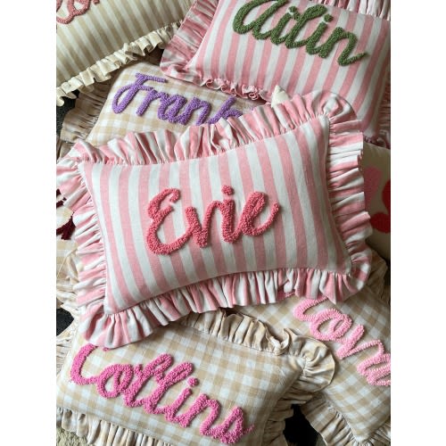 PINK STRIPES Personalised Ruffled Cushion Handmade Punch Needle Decor | Cottagecore Nursery Kids  Room Styling | Custom Gift Baby Shower
