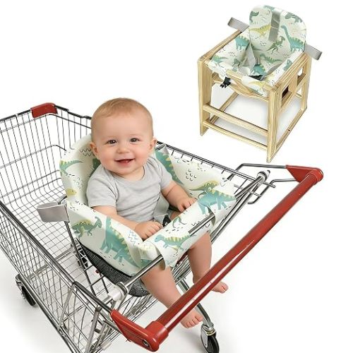 Padded Shopping Cart Seat Cover for Baby, Chair Cover for Restaurant seat, Adjustable Grocery Cart Seat Cover & Swing Insert for Infant & Toddler, Durable Machine Washable (Green Dinosaurs)