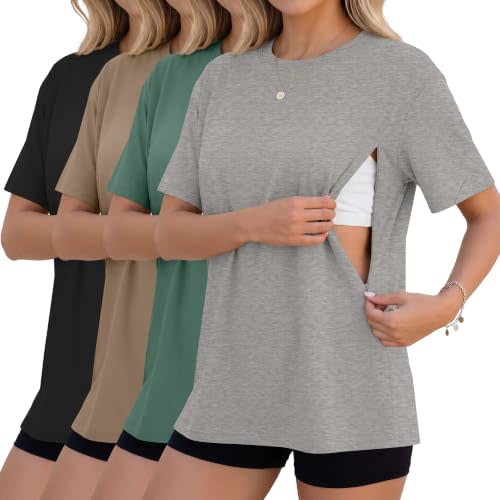 4 Pack Nursing Breastfeeding Shirts | Oversized Hidden Zippers Tops, Maternity Short Sleeve Tees, Easy Breastfeeding, Daily Wear Outfits, for Postpartum Women