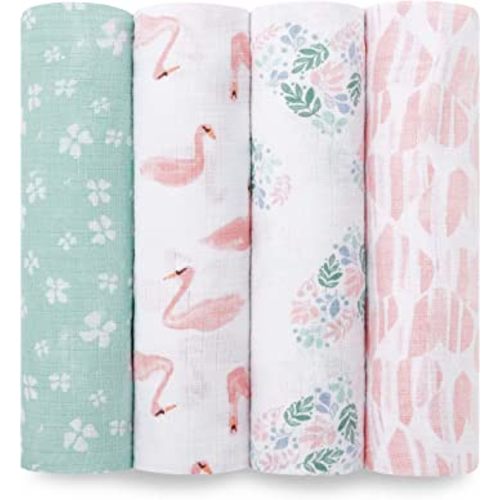 aden + anais Essentials Muslin Swaddle Blankets for Baby Girls and Boys, Newborn Receiving Blanket for Swaddling, 100% Cotton Baby Swaddle Wrap, 4 Pack, Floral, Briar Rose