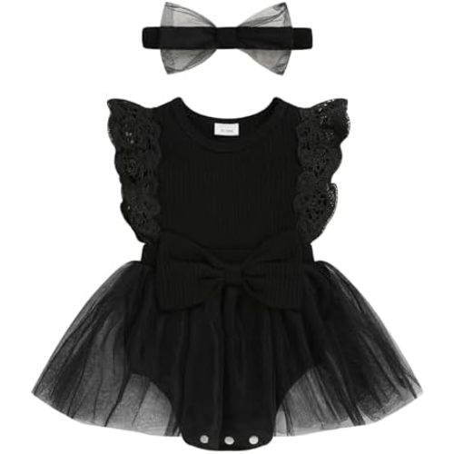 Viworld Baby Girl Romper Dress, Tulle Skirt Bodysuit Ruffle Sleeveless Summer Outfit with Headband for Infants 0-12M