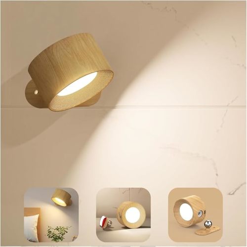 Rechargeable Wall Sconce, Battery Operated LED Reading Light with 360-Degree Rotation Magnetic Mounting, Dimmable 3 Color Temps Touch Control Cordless Wall Lights for Study Home Office, 1 Pack