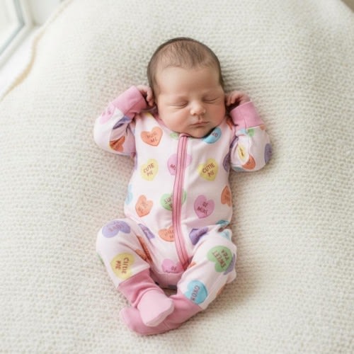 Valentine’s Day Conversation Heart Bamboo Baby Romper: Zipper Sleeper Outfit