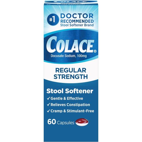 Colace Stool Softener 100 mg, 60 Capsules, Constipation Relief, Docusate Sodium, Gentle Docusate, Stimulant-Free, Regular Strength, #1 Doctor Recommended Stool Softener Brand