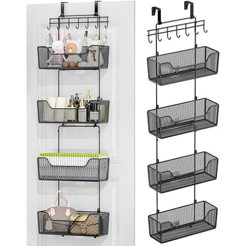 HapiRm Over The Door Organizer - Hanging Door Organizer with 4 Metal Large Capacity Baskets and Adjustable Coat Hook for Bathroom Bedroom Kitchen Pantry Closet Cabinet