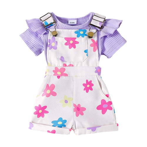 Fozruso Girls Clothing Sets Baby Girls Summer Outfits Set Ribbed Short Sleeve Romper With Adjustable Straps Shorts For 0 3 Years Old Toddler Outdoor Play,18-24 Months(Purple)