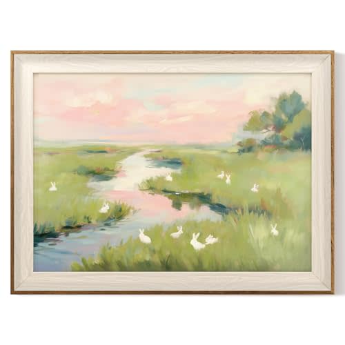 VIYYIEA Easter Framed Wall Art,Spring Meadow Decor with Bunnies Canvas Print Landscape Painting for Living Room Nursery Holiday Home Decor, 12x16 Inch