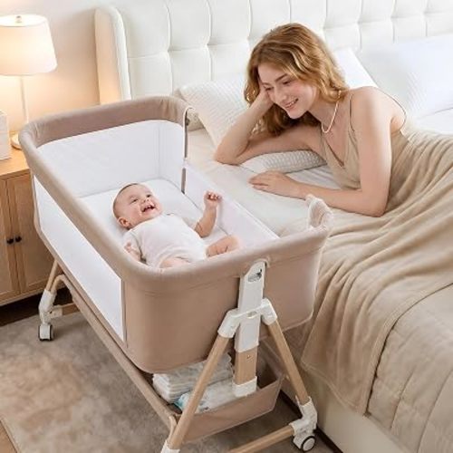 Baby Bassinet Bedside Crib, 3-in-1 Baby Bassinet Bedside Sleeper，Rocking Bedside Bassinet with Wheels, Adjustable Easy Folding Portable Bed for Infant Newborn (Khaki)