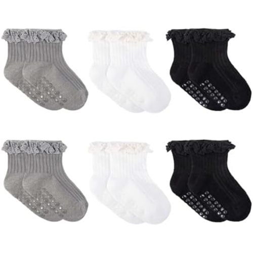 6 Pairs Baby Girl Ruffle Socks Non Slip Grips Cotton Frilly Ankle Crew Fancy Dress Socks for Newborn Infant Toddler