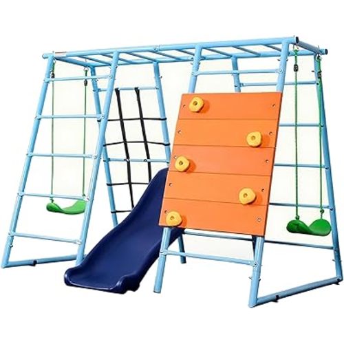 6 in 1 Indoor Jungle Gym, Toddler Playground Set Metal Climber with Climbing Wall, Slide, Monkey Bars, Rope Ladders and Two Swings, Outdoor Playset for Kids