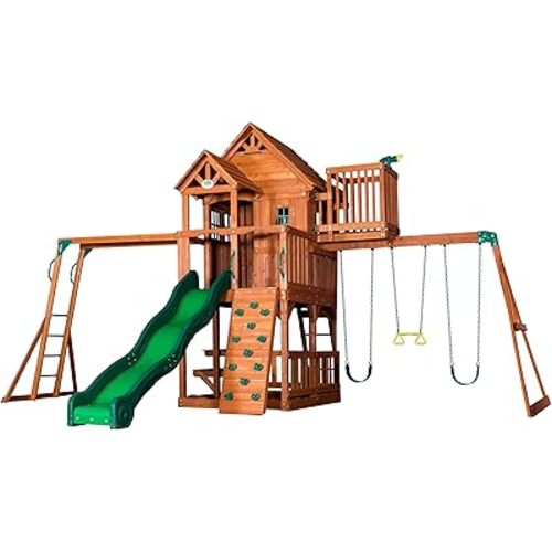 Backyard Discovery Skyfort II Cedar Wood Swing Set with Wave Slide, Raised Clubhouse, Crow's Nest, Monkey Bars, Balcony, Belt Swings, Trapeze, Rock Wall, Picnic Table, Sandbox, Ladder, Outdoor Playset
