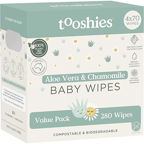 Tooshies Wipes | Aloe Vera & Chamomile | 100% Plastic Free | Biodegradable | Textured Cloth | 4 x 70pk (280 wipes)