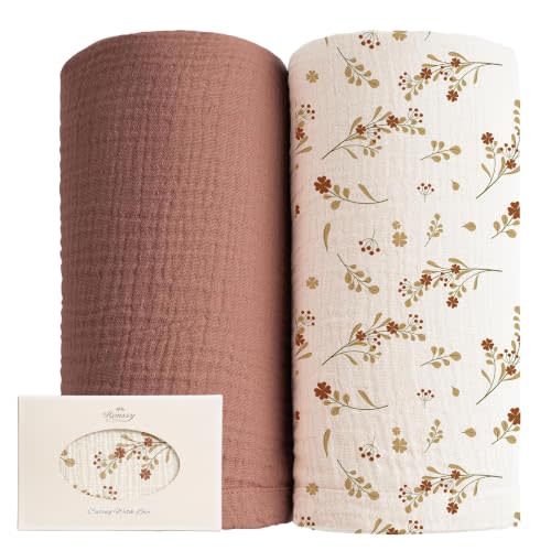 Konssy Muslin Swaddle Blankets, 100% Cotton Receiving Blankets, 47"x 47" | 2 Pack, Ultra Soft & Lightweight, Perfect for Receiving & Swaddling, Newborn to Toddler, Boys & Girls (Chestnut,Posy)