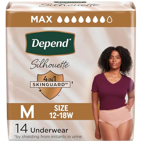 Depend Silhouette Adult Diapers, Incontinence & Postpartum Bladder Leak Underwear for Women, Maximum Absorbency, Medium, Pink, 14 Count, Packaging May Vary
