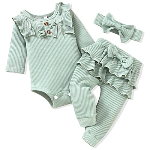 Aalizzwell Preemie Newborn Infant Baby Girls Clothes Ribbed Bodysuit Pants Set Fall Winter Outfits