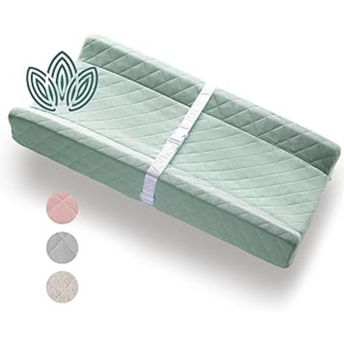 Organic Cotton Contoured Baby Changing Pad w/Waterproof Foam Mattress, Includes Soft, Removable & Washable Cover, Safety Strap, Non-Slip Bottom, Topper for Standard Size Infant Diaper Table & Dresser