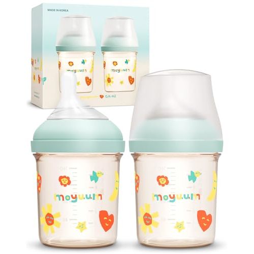 Moyuum MOV.aa Premium PPSU Wide Neck Anti-Colic Baby Bottle | Made in Korea, Microplastic & BPA-Free, Breastfeed Transition, Natural Fit Nipples for Newborns & All Stages - 5 oz (2 Pack, Mint)