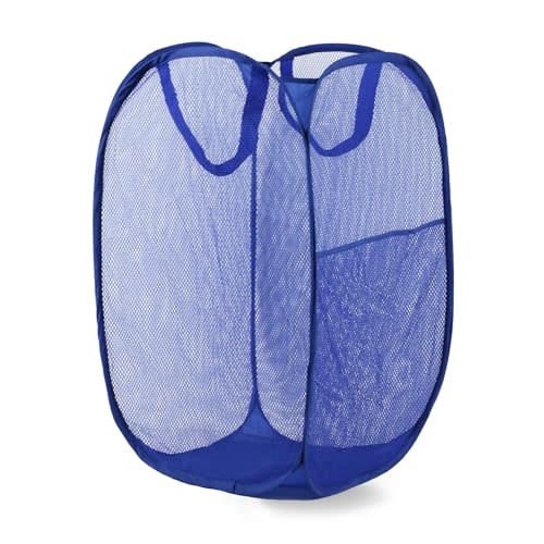 Pop Up Laundry Hamper, Mesh Laundry Basket Collapsible, Foldable Hamper for Travel and Storage (Blue)