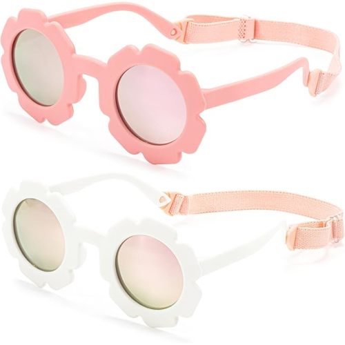 2pcs Flower Baby Girl Polarized Sunglasses with Strap, Toddler Sunglasses for Infant Age 0-24 Months, Kids Travel Essentials